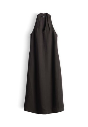Robe midi noire sans manches avec un profond décolleté en V et une silhouette trapèze, suspendue à plat sur un fond blanc.