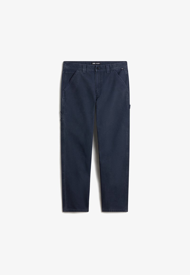 Pantalon bleu marine à jambes droites avec poches avant, passants de ceinture et fermeture par bouton, posé à plat sur fond blanc.