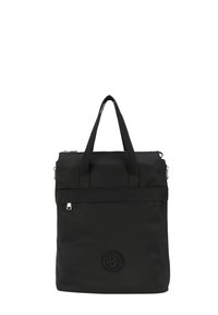 Sac à dos noir en nylon avec deux poignées supérieures, fermeture à glissière, détail de sangle horizontale et un patch logo circulaire à l'avant.