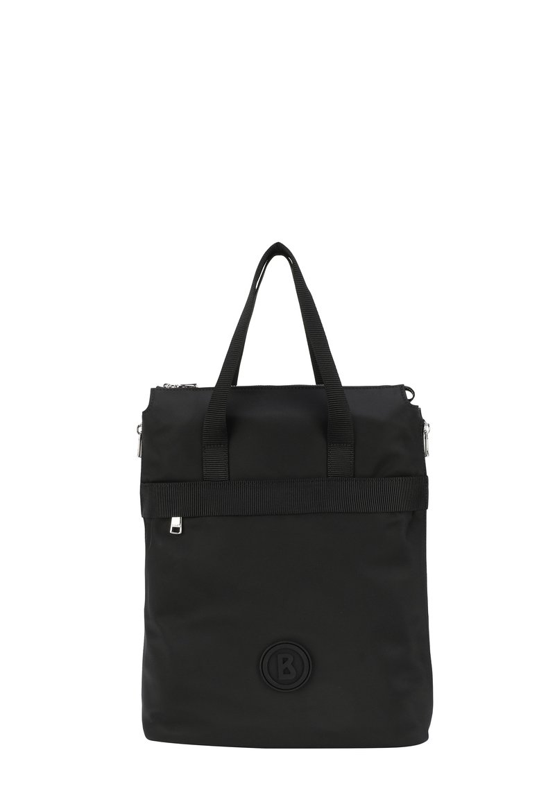Sac à dos noir en nylon avec deux poignées supérieures, fermeture à glissière, détail de sangle horizontale et un patch logo circulaire à l'avant.