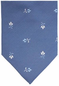 Blauwe stropdas met een patroon van horizontale strepen en bloemenaankleding in lichte kleuren, met een puntige punt en een soepele textuur.
