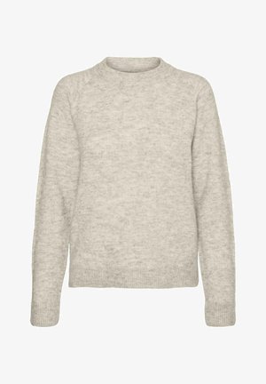 Lys grå sweater lavet af blødt, struktureret stof. Har en rund halsudskæring, lange ærmer og en ribbet kant. Enkel, klassisk design.