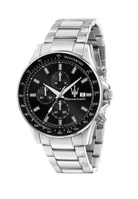 Orologio cronografo in acciaio inox argento con quadrante nero, marcatori delle ore bianchi e tachimetro; presenta tre sottodial e display della data.