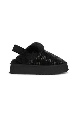 Schwarze Slipper mit plüschigem Fellbesatz, strukturiertem Mesh-Obermaterial und einer dicken schwarzen Gummisohle mit einem kontrastierenden Profilmuster.