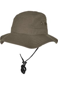 Khaki kapelusz typu bucket wykonany z teksturowanej tkaniny, posiada szeroki rondo, dwa metalowe oczka oraz regulowany czarny sznurek zapewniający pewne dopasowanie.
