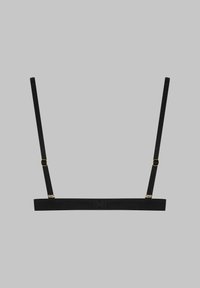 Bralette noir avec bretelles réglables, tissu texturé, accents en métal doré et design minimaliste.