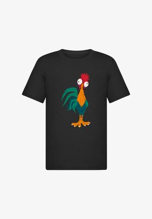 Czarny t-shirt z kolorową grafiką kaczki w stylu kreskówkowym, z intensywną czerwoną grzebieniem, pomarańczowym dziobem i zielonymi piórami ogonowymi.