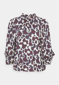 Blusa a maniche lunghe con scollo arricciato, caratterizzata da un motivo astratto multicolore su sfondo crema, realizzata in un tessuto morbido.