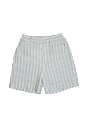 Pantaloncini a righe verticali azzurro chiaro e bianche con bottone frontale, passanti per cintura e tasche laterali, posati distesi.