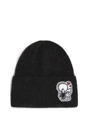 Black knitted beanie with folded cuff and a patch showing a cartoon couple holding hands with two red hearts above them.