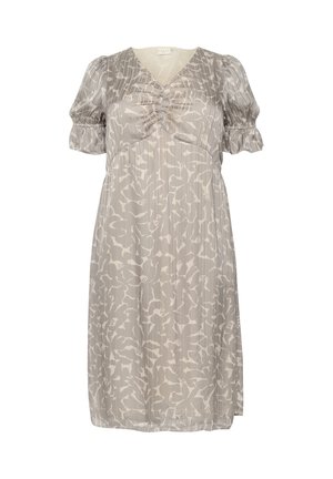Sivá šaty po kolená vyrobené z ľahkého materiálu, s jemným abstraktným vzorom, balónovými rukávmi a zhrnutím v prednej časti.