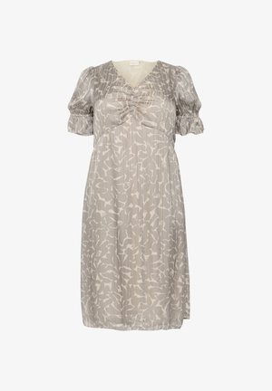 Sivá šaty po kolená vyrobené z ľahkého materiálu, s jemným abstraktným vzorom, balónovými rukávmi a zhrnutím v prednej časti.