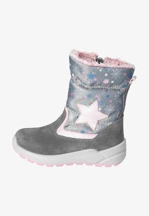 Grijze en rozenkwarts winterlaarzen van suède en gevoerd stof, met sterrenpatronen, faux bont voering, en een witte rubberen zool met roze accenten.