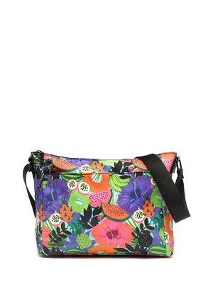 Sac bandoulière avec imprimé coloré de fruits tropicaux et fleurs, sangle noire réglable et poche avant zippée.