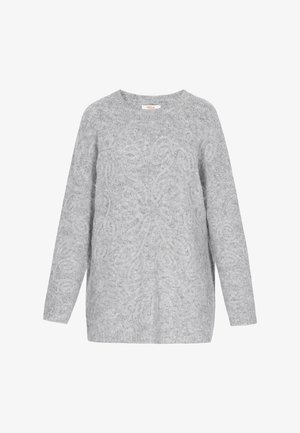 Pulover texturat gri cu decolteu rotund și mâneci lungi. Prezintă un model paisley embosat pe partea frontală. Material moale, tricotat.