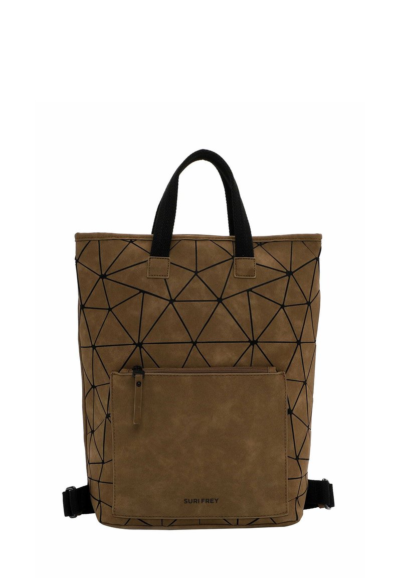 Borsa a tracolla con motivo geometrico marrone e linee nere, dotata di una tasca anteriore con zip e spallacci neri. Realizzata in tessuto testurizzato.