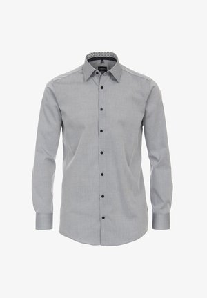 Gray long-sleeve shirt with a fitted design, featuring a check-patterned collar and black buttons on the front. Smooth fabric texture.