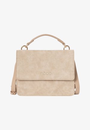 Sac à main rectangulaire beige avec poignée supérieure et bandoulière amovible, texture en cuir lisse et logo de marque doré discret sur le rabat.