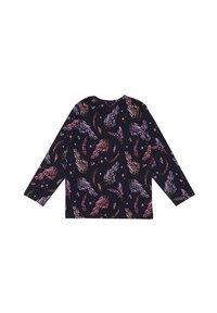 Langärmliges, marineblaues Oberteil mit floralem Muster in lila und rosa Blumen, aus weichem Stoff und mit Rundhalsausschnitt.