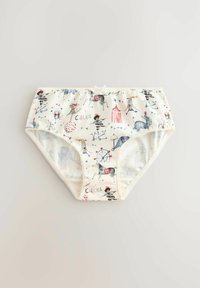 Weiße Baumwollslips mit einem Zirkusthema-Print, der farbenfrohe Tiere und Darsteller zeigt. Spitzendetail entlang desTaillenbundes.