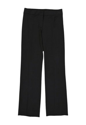 Black straight-leg pants with a flat waistband, made from smooth fabric, shown against a white background.