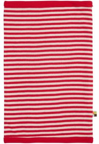 Sciarpa a tubo a righe in rosso e crema, realizzata in tessuto morbido. Presenta sottili righe orizzontali e bordi di un colore uniforme, con una piccola etichetta.