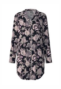 Camicia da pigiama lunga di un blu navy scuro con un motivo floreale rosa chiaro. Presenta un colletto, una chiusura a bottoni e maniche lunghe con polsini. Tessuto dalla texture liscia.