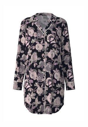 Camicia da pigiama lunga di un blu navy scuro con un motivo floreale rosa chiaro. Presenta un colletto, una chiusura a bottoni e maniche lunghe con polsini. Tessuto dalla texture liscia.