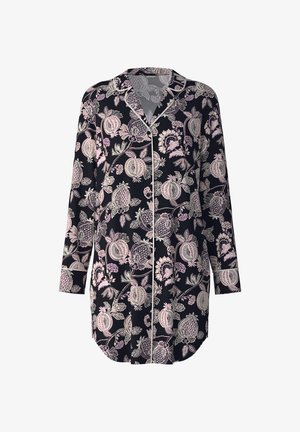 Langes Schlafhemd in Dunkelblau mit einem zarten rosa Blumenmuster. Verfügt über einen Kragen, eine Knopfleiste und lange Ärmel mit Manschetten. Glatte Stoffoberfläche.