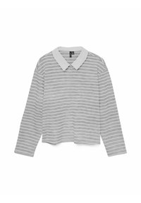 Sivi longsleeve s majicama bijelim prugama i bijelim ovratnikom. Izrađen je od mekanog materijala, ima opušteni kroj.