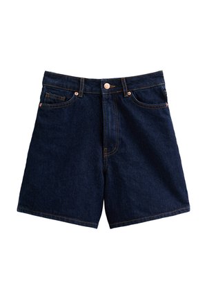 Shorts de mezclilla azul oscuro con cintura alta, cinco bolsillos, herrajes de cobre y costuras en contraste; corte recto con un ajuste ligeramente holgado.