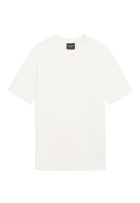 Kortärmad vit T-shirt med en texturerad mönster, rundad hals och avslappnad passform, tillverkad av mjukt tyg med minimal detaljer.