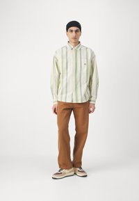 Camisa de botones a rayas verdes y blancas, con dos bolsillos frontales. Pantalones marrones y zapatillas beige con detalles marrones. Gorro de lana negro.
