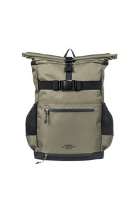 Olive green roll-top backpack made of durable fabric, featuring black accents, adjustable strap, front zipper pocket, and mesh side pockets.