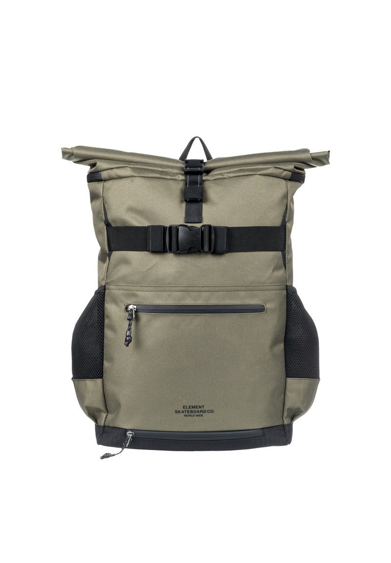 Olive green roll-top backpack made of durable fabric, featuring black accents, adjustable strap, front zipper pocket, and mesh side pockets.