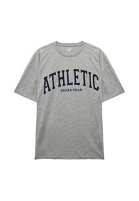 Szara bawełniana koszulka z krótkim rękawem z napisem "ATHLETIC DEPARTMAN" wydrukowanym ciemnonawowym, pogrubionym fontem na przodzie.