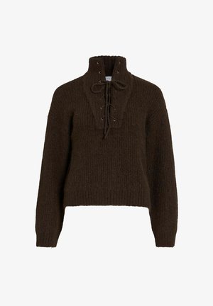 Pull en laine marron avec un col haut, proposant un devant à lacets et des poignets côtelés, fabriqué à partir d'un tissu doux et texturé.