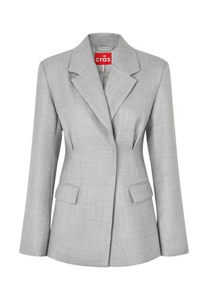 Hellgrauer, maßgeschneiderter Blazer mit aufgeschlagenem Revers, zwei vorderen Pattentaschen und Einzelknopfverschluss, mit dem Etikett "crās" im Innenkragen.