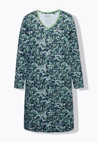Vestaglia floreale in blu scuro con accenti verdi. Caratterizzata da maniche lunghe e un design a V. Realizzata in un tessuto morbido con un motivo testurizzato.