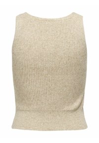 Beige geribbelde gebreide tanktop met een nauwsluitende snit, ronde halslijn en een subtiele textuur. Geen zichtbare hardware of accenten.
