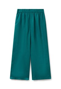 Pantaloni a gamba larga color teal con vita elastica, realizzati in tessuto leggero, esposti piatti su uno sfondo bianco.