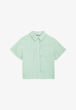 Kurzärmliges Hemd zum Knöpfen mit grünen und weißen vertikalen Streifen und einer horizontal gestreiften Brusttasche.