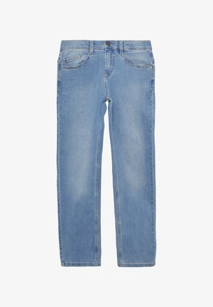 Jasnoniebieskie dżinsy z pięcioma kieszeniami, zapinane na guzik z przodu, o prostym kroju na białym tle.