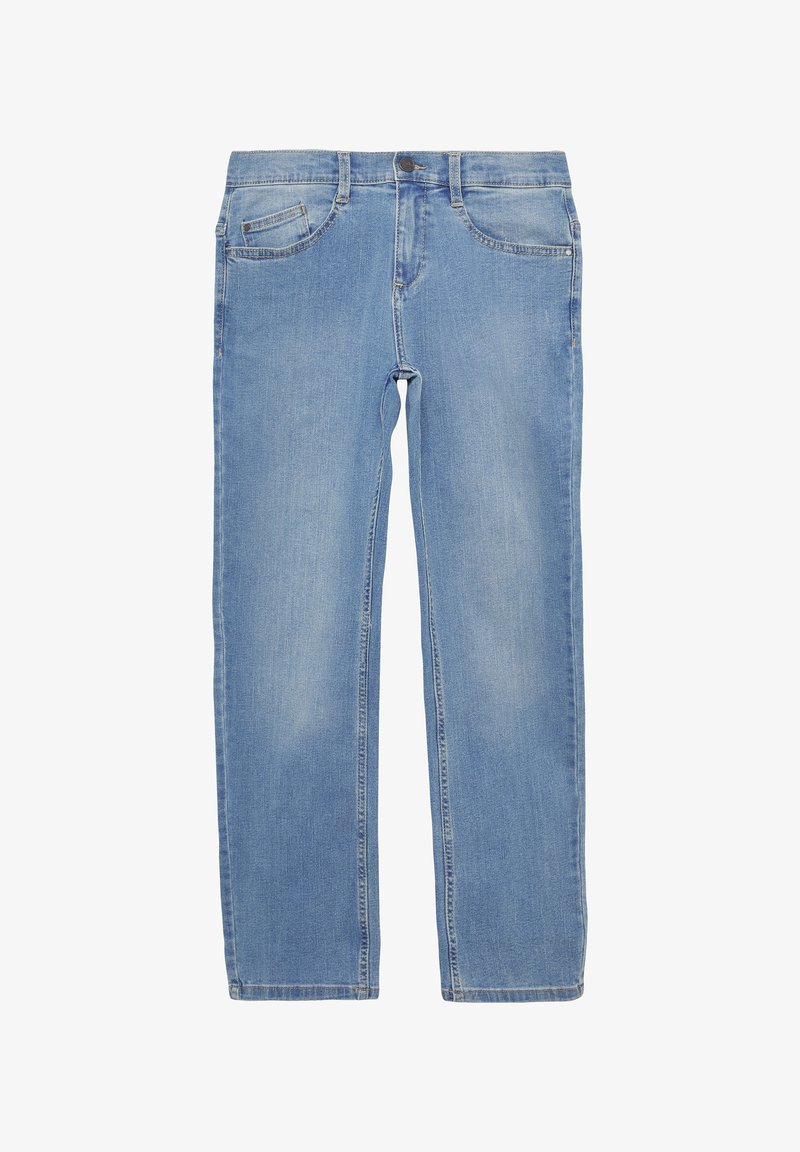 Jeans in denim azzurro chiaro con design a cinque tasche, chiusura frontale con bottone e vestibilità dritta su uno sfondo bianco.