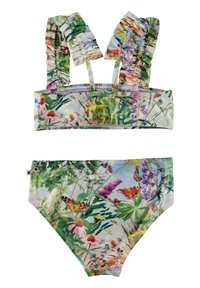 Tvådelad blommig bikini tillverkad av stretchigt material. Toppen har volangdetaljer på axelbanden; botten är högmidjad med färgglada botaniska tryck.