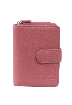 Portafoglio in pelle rosa con finitura testurizzata, dotato di apertura superiore con zip, chiusura a scatto e logo in rilievo sulla parte anteriore. Forma rettangolare compatta.