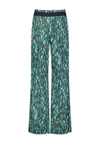 Spodnie o szerokich nogawkach z zielono-czarnym abstrakcyjnym wzorem, elastycznym pasem w talii i lekkim materiałem dla wygody.