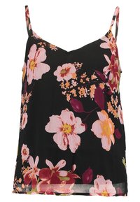 Camisole noire à motif floral avec de grandes fleurs roses et bordeaux, bretelles fines ajustables et tissu léger texturé.