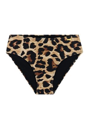 Leopardprint bikini broekje met een zwarte binnenkant, een hoge taille en platte naden voor comfort. Gemaakt van elastische stof.