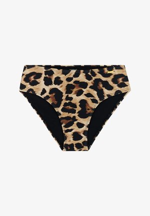 Leopardprint bikini broekje met een zwarte binnenkant, een hoge taille en platte naden voor comfort. Gemaakt van elastische stof.